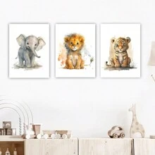 3入組帆布海報,現代藝術,可愛的大象獅子長頸鹿老虎斑馬,兒童房壁畫,帆布畫,動物海報,適用於卧室的理想禮物,壁畫裝飾,牆壁裝飾,秋季裝飾,居室裝飾,室內裝飾,無畫框 - 彩色 - 查看 3