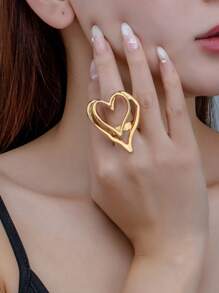 時尚簡約幾何合金心型、花朵與五角星女戒指 - 金黃色 - 查看 2