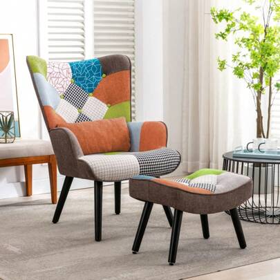 Matomn Patchwork Chair,Accent Armchair With Ottoman Single Sofa Chair With Footstool And Pillow,Fabric Upholstered High Back Armchairs Lounge Chair For Living Room Reading Bedroom