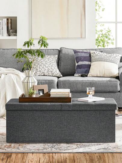 SONGMICS Storage Ottoman, Padded Shoe Bench, Flip-Up Lid, Foldable, 300 Kg Load Capacity, Dark Grey