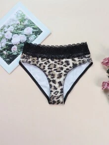 4入組性感高腰對比蕾絲邊短褲,花卉與豹紋印花,舒適透氣有彈性女士內衣