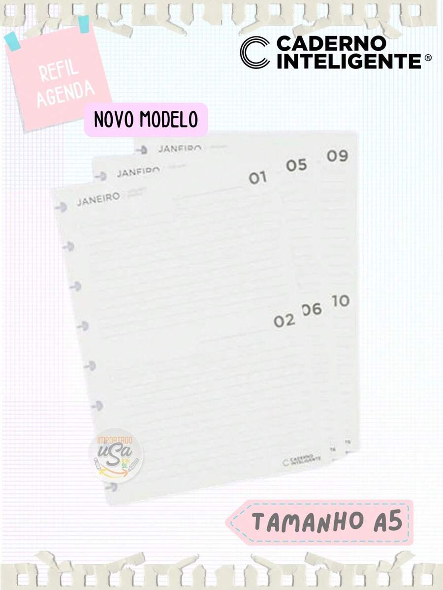Caderno Inteligente, Refil Agenda Permanente Tam A5, Novo modelo - Branco - Visão 1