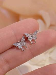 BALMORA 1pair Fresh Woodland Ins Style S925 Sterling Silver Butterfly Earrings With Shiny Diamond For Women, Party Gift For Friend - Silver - View 2