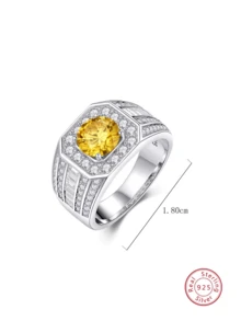 1pc Vintage Luxury 925 Silver & Zirconia Men's Ring For Summer Sale, High-End Jewelry For Party & Halloween Gift - Yellow - View 3