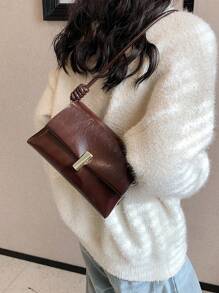 圣诞礼物红色油蜡皮小方形手提包，女士时尚复古通勤单肩斜挎包秋冬 - 咖啡棕 - 查看 4