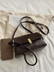 圣诞礼物红色油蜡皮小方形手提包，女士时尚复古通勤单肩斜挎包秋冬 - 咖啡棕 - 查看 6