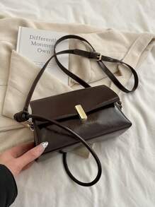 圣诞礼物红色油蜡皮小方形手提包，女士时尚复古通勤单肩斜挎包秋冬 - 咖啡棕 - 查看 5