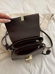 圣诞礼物红色油蜡皮小方形手提包，女士时尚复古通勤单肩斜挎包秋冬 - 咖啡棕 - 查看 8