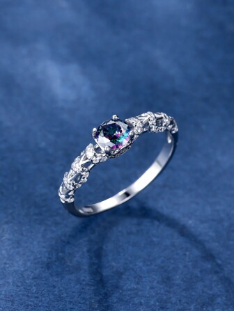 方晶鋯石裝飾銀圓環