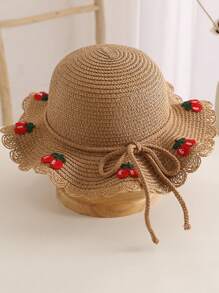 1 套新款女孩可愛公主風格櫻桃針織草編帽子適合防曬、海灘和日常佩戴 - 棕色 - 查看 1