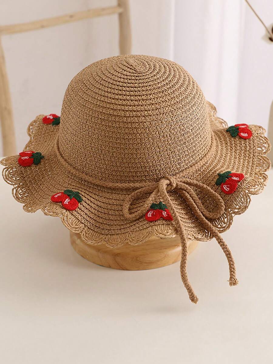1 套新款女孩可愛公主風格櫻桃針織草編帽子適合防曬、海灘和日常佩戴 - 棕色 - 查看 1