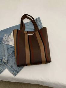 Purchase Products: Striped Canvas Shoulder Bag, Pleated Handbag, Large Lady Tote Bag - Coffee Brown - View 4