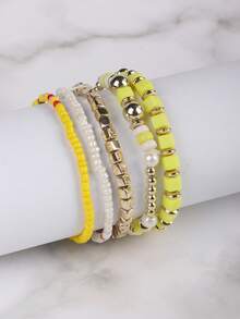 5 件/套波西米亞風格多層串珠手鍊帶可調式繩手工飾品 - 黃色 - 查看 1
