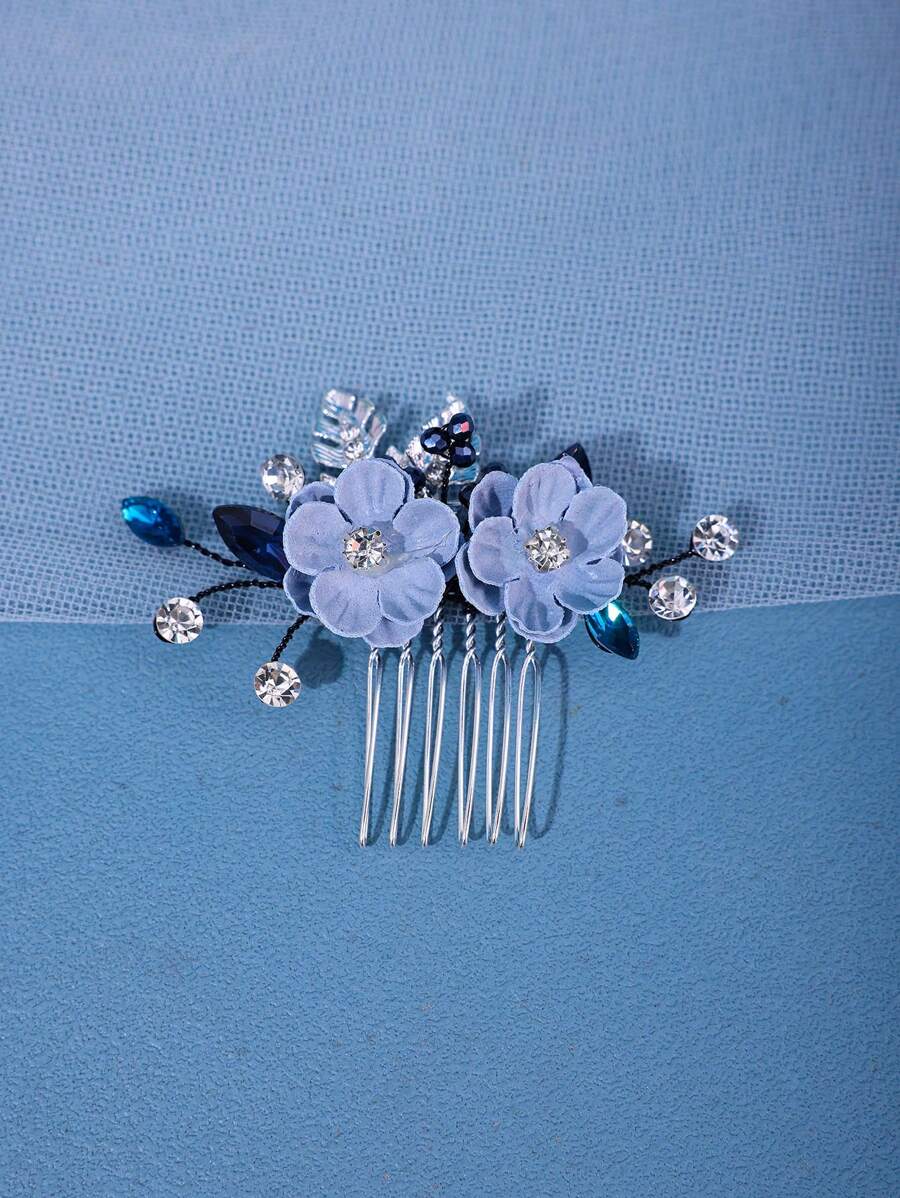 1pc Women Silver Floral Fairy Blue Flower Hair Comb, Elegant Hand-Woven Tulle Ornament, Wedding Bridal Party Hair Accessory - Blue - View 1