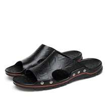 【真皮】夏季男士防滑時尚休閒皮拖鞋沙灘涼鞋人字拖 - 黑色 - 查看 3