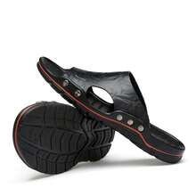 【真皮】夏季男士防滑時尚休閒皮拖鞋沙灘涼鞋人字拖 - 黑色 - 查看 4