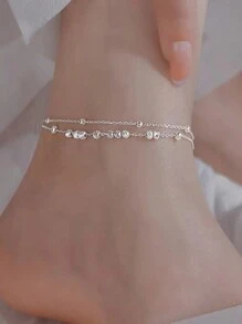 S925纯银双层旋转珠脚链，时尚个性，适合女孩佩戴，沙滩假日饰品。 - 銀色 - 查看 4