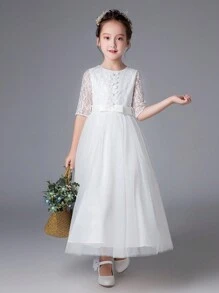 Tween Girl Lace Contrast Mesh Mid-Sleeve Birthday Party Performance Dress - White - View 5
