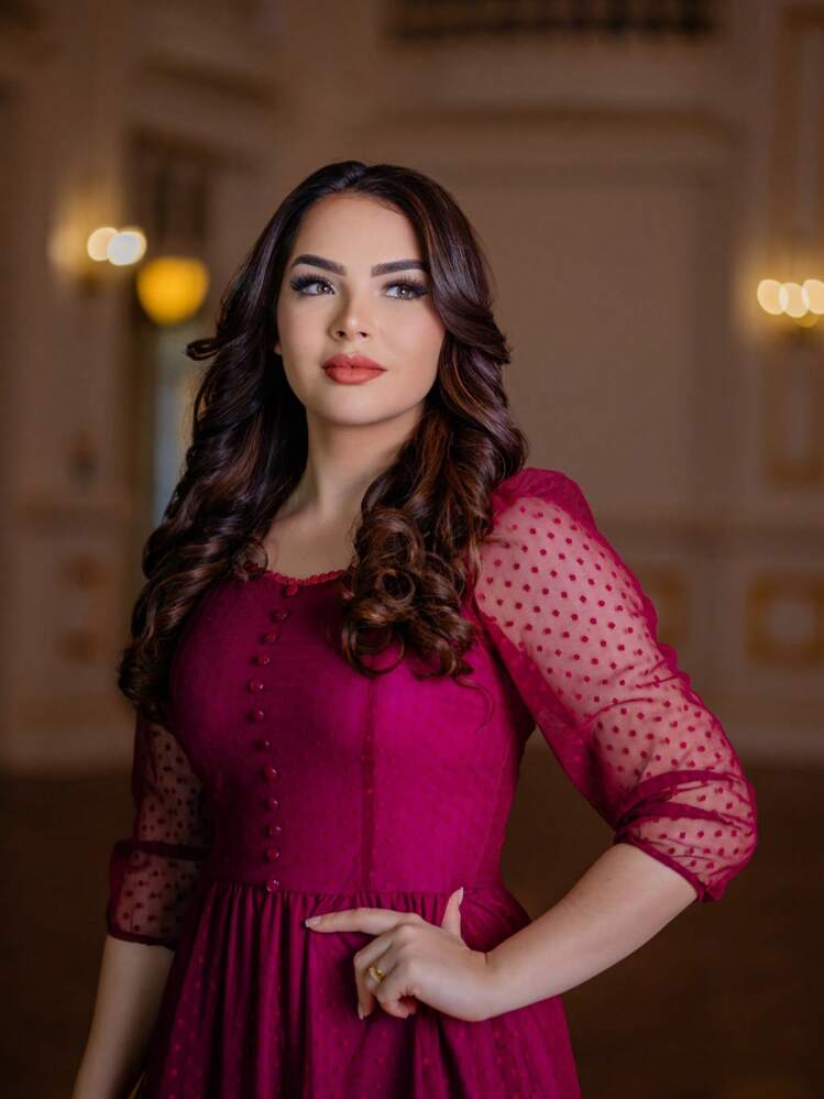 Vestido Feminino Longo Em Tule Com Forro Moda Evangélica Elegante - Marsala - Visão 3