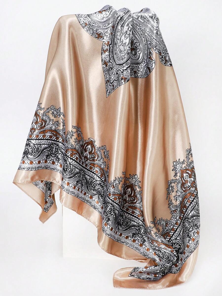 1入組女士絲質圍巾,披肩,頭巾,頭帶,沙灘巾,頭髮飾品,時尚圖案派對印花方巾,日常波西米亞風格穿搭 - 卡其色 - 查看 1