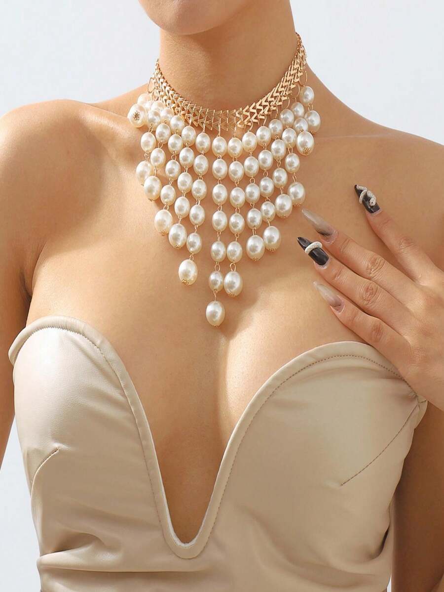 1pc Vintage Pearl Chain Tassel Necklace, Multi-Layer Pearl Collarbone Chain Sweater Chain For Valentine's Day - Gold - View 1