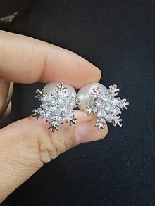 Cubic Snow Flower Double Side Pearl Stud Earring - Gold - View 9