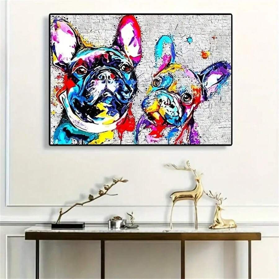 1件，彩色法國鬥牛犬裝飾畫，抽象動物海報室內牆畫，油畫布畫，不帶框架 - 灰色 - 查看 1