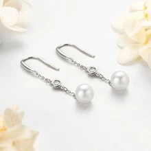 1對情人節禮物925純銀3mm氧化矽和8-9mm淡水白珍珠耳環女士耳勾禮物耳環，附GRA證書，結婚禮物珠寶裝飾，假日新娘珠寶 - 銀色 - 查看 2