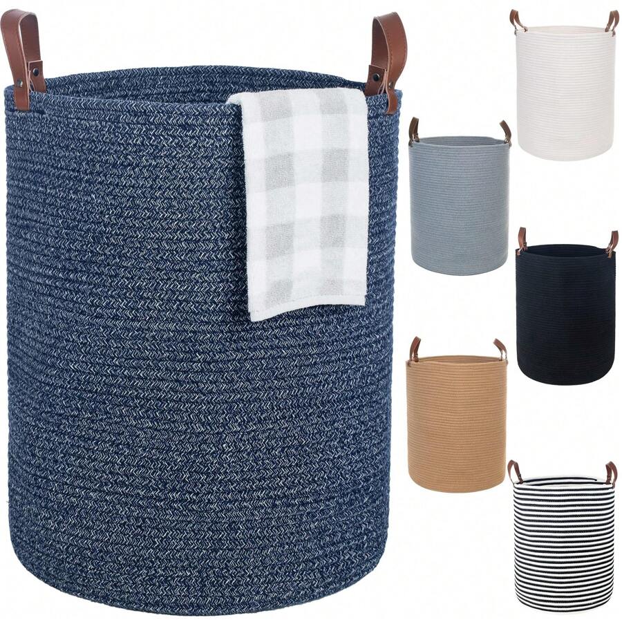 80L Extra Large Laundry Basket With Handles, Cotton Rope Woven Blanket Basket, Tall Rope Laundry Hamper, XXXL Decorative Storage Baskets For Blanket, Clothes, Toys, 16'' X 20'', Navy Blue - 藏蓝色 - 查看 1