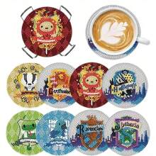 8入組鑽石畫木質杯墊套裝,diy動漫精美寶石畫木質杯墊,適用於初學者和成年人,藝術和手工藝用品 - 多色 - 查看 4