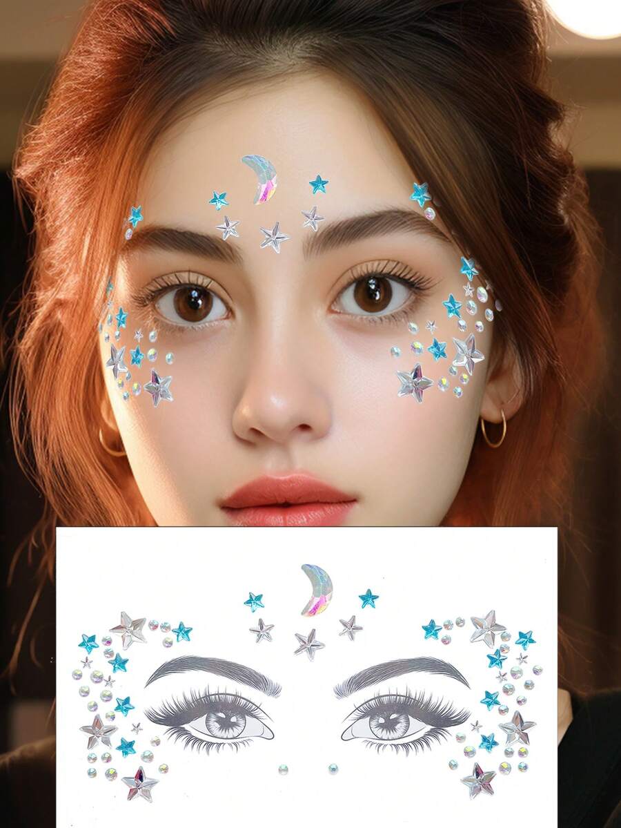 1片多色星月圓形鑲鑽和環氧樹脂角色扮演貼紙,適用於彩妝派對、狂歡派對和臉部及身體的臨時紋身 - 彩色 - 查看 1