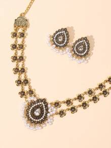 3pcs/Set Vintage Bohemian Style Droplet & Pearl String & Tassel Dangle Earrings, Necklace And Ring, European And American Elegant - White - View 3