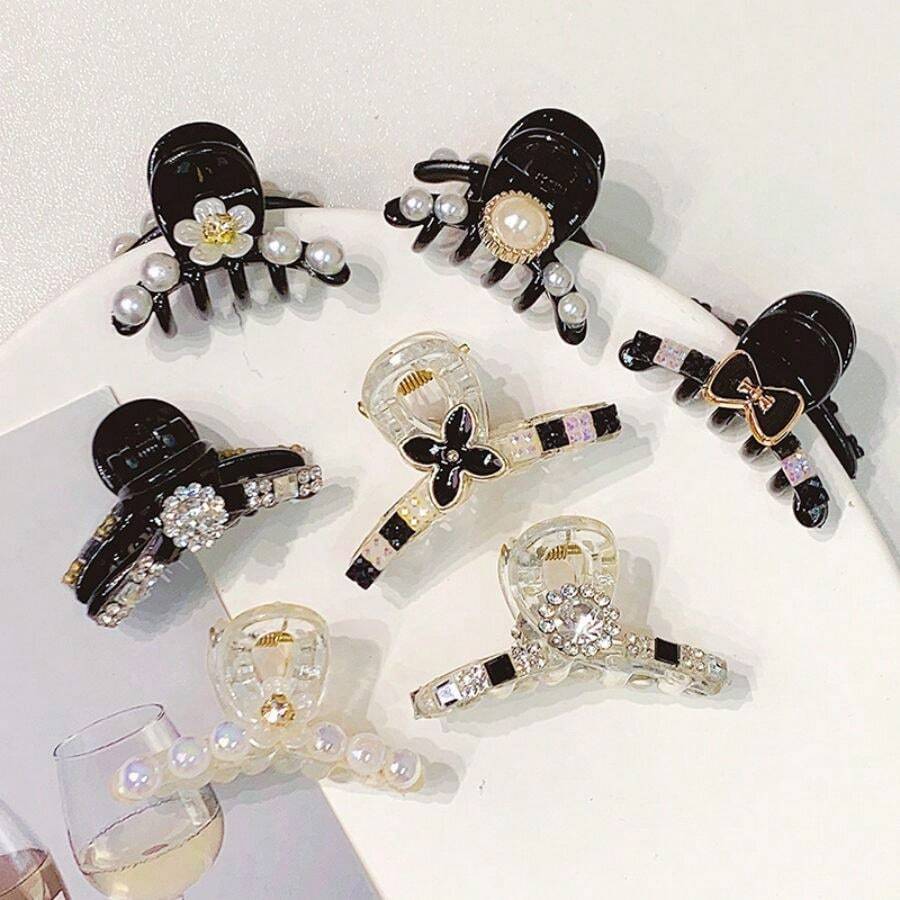 2 Miếng Của phụ nữ Thanh lịch & Đúng mốt Mini Móng vuốt tóc Kẹp Với Pha lê & Trang trí ngọc trai , Hoàn hảo Đối với Ngày đêm , Buổi tiệc Và Mặc hàng ngày - Hoa bốn cánh [kẹp trong suốt] - Xem 1