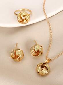 4 Unids/set Minimalista Y De Moda Cuerda Trenzada Diseño De Nudo Pendientes, Collar, Anillo Para Uso Diario Conjunto De Joyería Para Mujer - Amarillo Oro - Ver 2