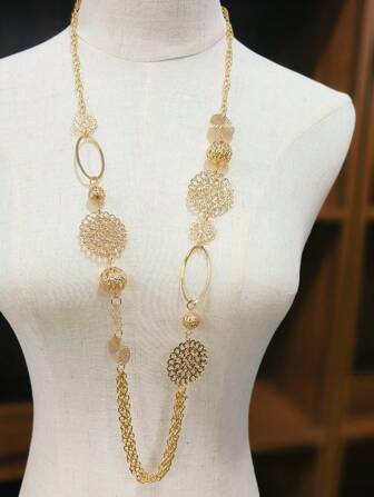 European And American Fashionable All-Match Vintage Sexy Hollow Out Round Ball Long Necklace With Geometric Elements, Bohemian Style, Flashy Black Knit Chain