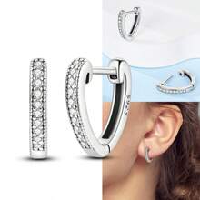 1對時尚s925純銀心形戒指設計耳環,鑲嵌鋯石,適合女性日常佩戴、節日、生日、情人節送禮 - 銀色 - 查看 1