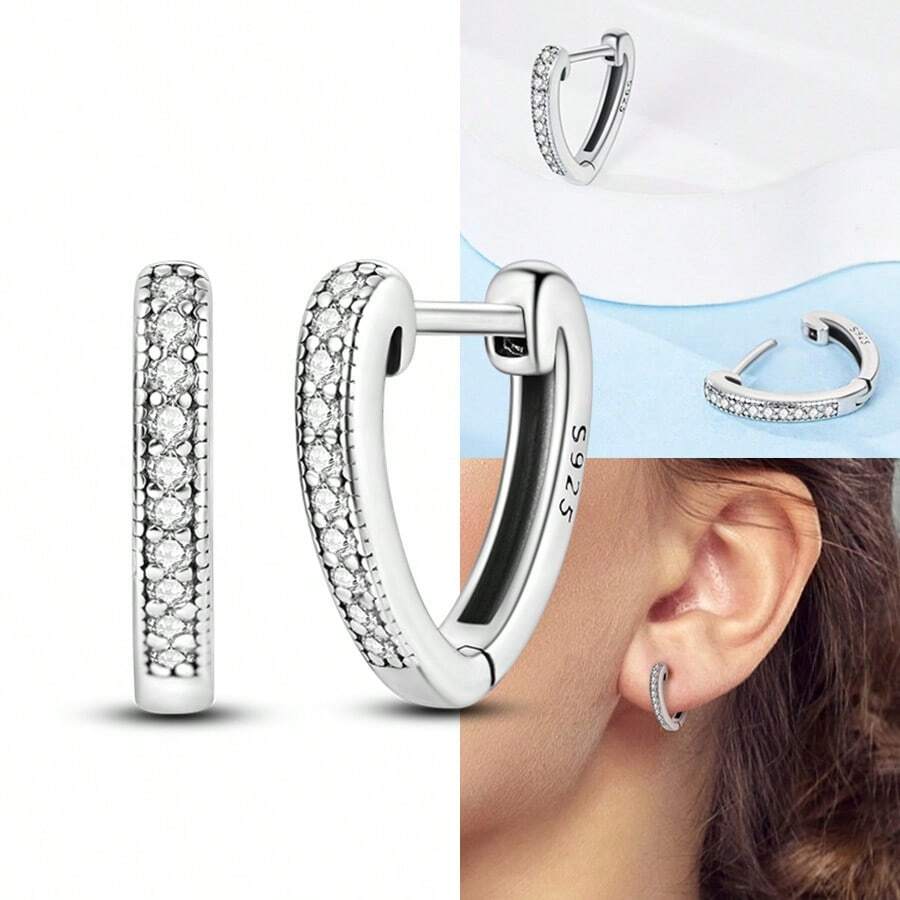 1對時尚s925純銀心形戒指設計耳環,鑲嵌鋯石,適合女性日常佩戴、節日、生日、情人節送禮 - 銀色 - 查看 1