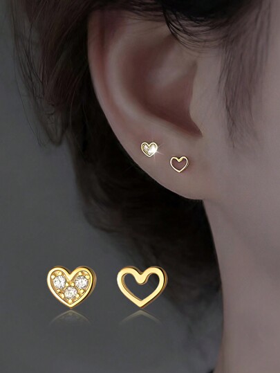 ELSEDES 1pair Exquisite & Elegant S925 Silver Asymmetrical Heart-Shaped Earrings, Unique Style Inlaid With Shiny Gemstones, Golden Tone For Women's Daily Wear Or Dating Outfits, Perfect Gift For Girlfriend Valentines