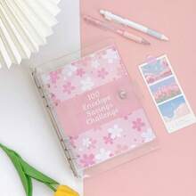 A5 PVC Cherry Blossom Patterned 100-Day Money Saving Challenge Loose-Leaf Binder With Pouch And Transparent Budget Envelopes, And Dollar Notes Notepad Set - Clear - View 3