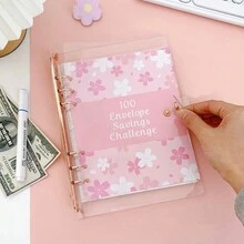 A5 PVC Cherry Blossom Patterned 100-Day Money Saving Challenge Loose-Leaf Binder With Pouch And Transparent Budget Envelopes, And Dollar Notes Notepad Set - Clear - View 4