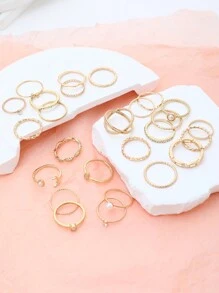 26入奢華又輕盈的混搭幾何戒指，飾有鑽石、假珍珠、太陽和月亮圖案，適合女性日常配戴 - 金色 - 查看 3