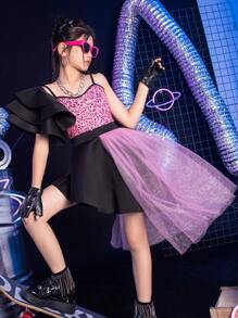 Kpop少女T台走秀服装，女孩模特T台时装秀生日派对礼服，少女爵士舞儿童舞蹈服（LL0017） - 粉色 - 查看 8