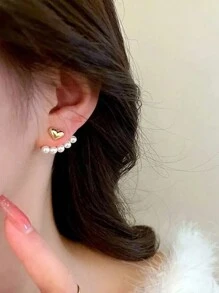 1pair Pearl Heart-Shaped Stud Earrings Sweet Style For Women - Versatile And Elegant Looking, Suitable For Daily Wear - Gold - View 4