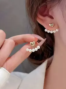 1pair Pearl Heart-Shaped Stud Earrings Sweet Style For Women - Versatile And Elegant Looking, Suitable For Daily Wear - Gold - View 1