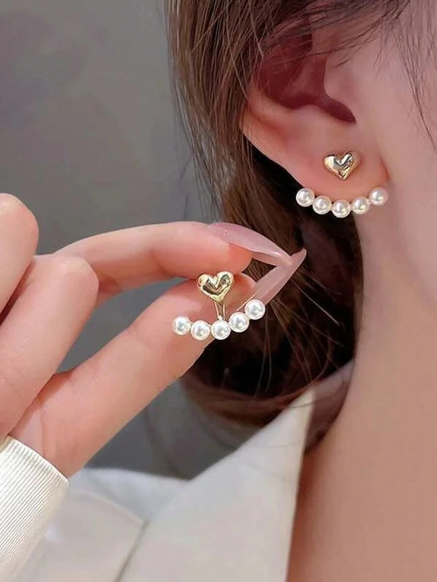 1pair Pearl Heart-Shaped Stud Earrings Sweet Style For Women - Versatile And Elegant Looking, Suitable For Daily Wear - Gold - View 1