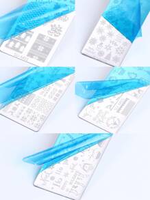 FULL BEAUTY 聖誕美甲壓花板5入組,包含雪花、聖誕樹、鈴鐺、花環、麋鹿,美甲模具壓花版,美甲印花模板,美甲工具 - 銀色 - 查看 3