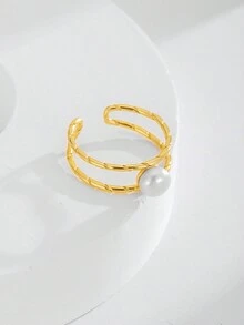 1pc Simple Double Layer Twisted Freshwater Pearl Sterling Silver Ring, Suitable For Daily Wear For Women - Gold - View 10
