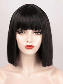 12英吋直髮帶劉海短髮假髮,黑色,耐高溫合成纖維髮,適用於cosplay和日常穿著 - 黑色 - 查看 7