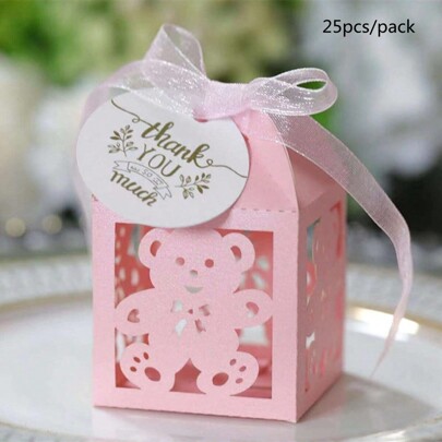 25pcs/Pack Cute Bear Design Gift Box Set With Thank You Tags, Ribbons, Birthday Party Celebration Decoration, Christmas