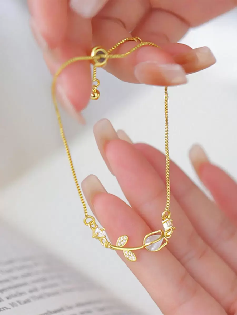 1pc All-Match French Tulip & Cat's Eye Stone Adjustable Bracelet - tulip - View 1